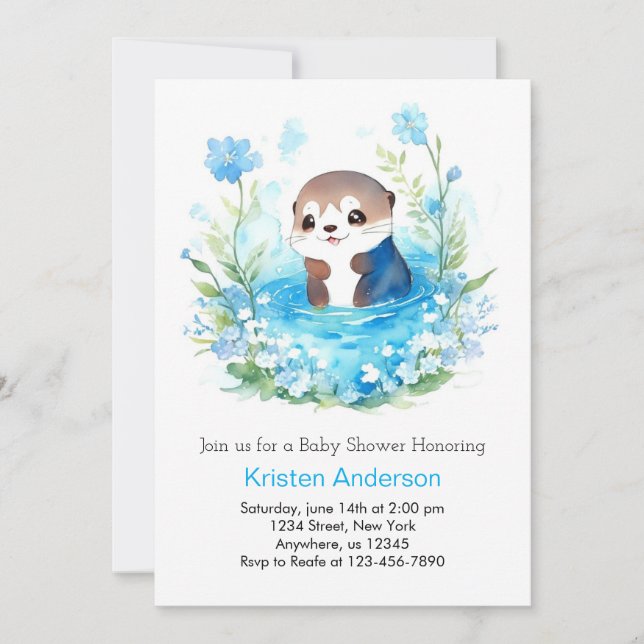 Cute Editable Blue Floral Otter Boy Baby Shower Invitation (Front)