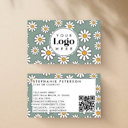 Cute Editable Daisy Floral Custom Logo QR Code Business Card