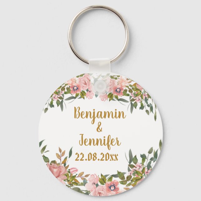 Cute Eegant Pink Floral Greenery and gold Wedding Keychain (Front)