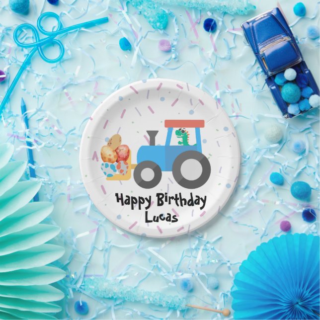 Cute egg dino tractor Truck Birthday boy B2S Paper Plate (Party)