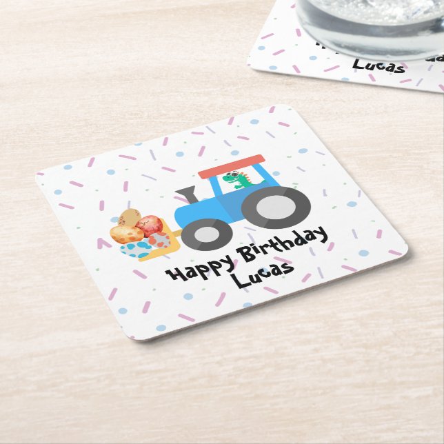 Cute egg dino tractor Truck Birthday boy B2S Square Paper Coaster (Angled)