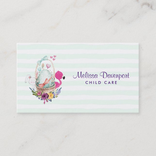 Cute Egg in a Basket with Flamingo and Bunny Business Card (Front)