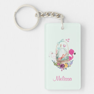 Cute Egg in a Basket with Flamingo and Bunny Keychain