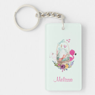 Cute Egg in a Basket with Flamingo and Bunny Keychain