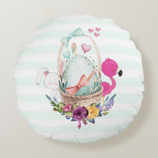 Cute Egg in a Basket with Flamingo and Bunny Round Pillow (Front)