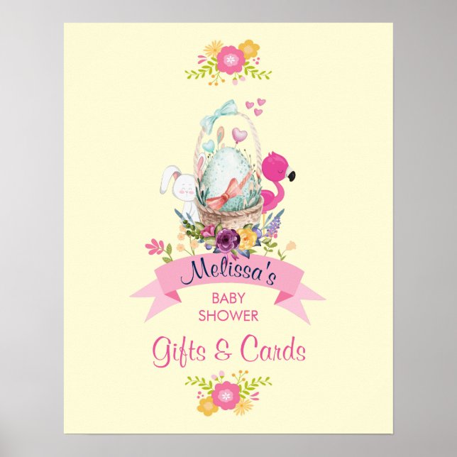 Cute Egg, Pink Flamingo & Bunny, /w Ribbon Shower Poster (Front)