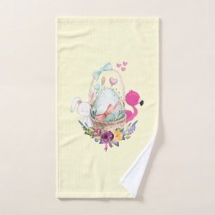 Cute Egg, Pink Flamingo & Bunny, Watercolor Bath Towel Set