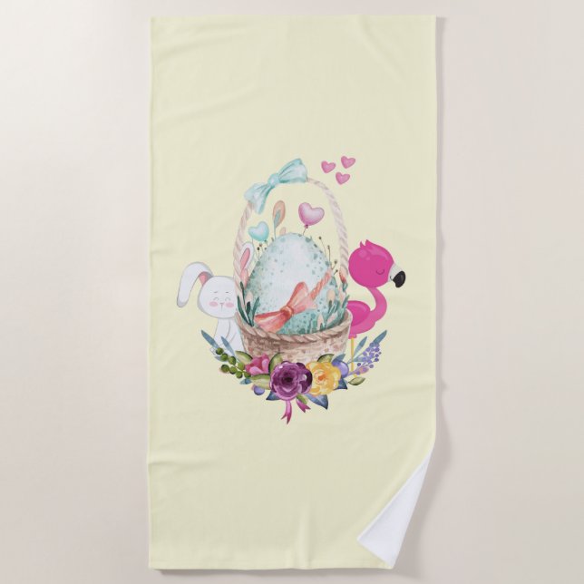 Cute Egg, Pink Flamingo & Bunny, Watercolor Beach Towel (Front)