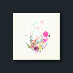 Cute Egg, Pink Flamingo & Bunny, Watercolor Canvas Print<br><div class="desc">A canvas gallery print with a cute watercolor painting of a pale green egg sitting inside a wicker basket. Decorated with ribbons,  bows,  flowers and little hearts. A pink flamingo and white bunny rabbit by its side. Pale yellow background.</div>