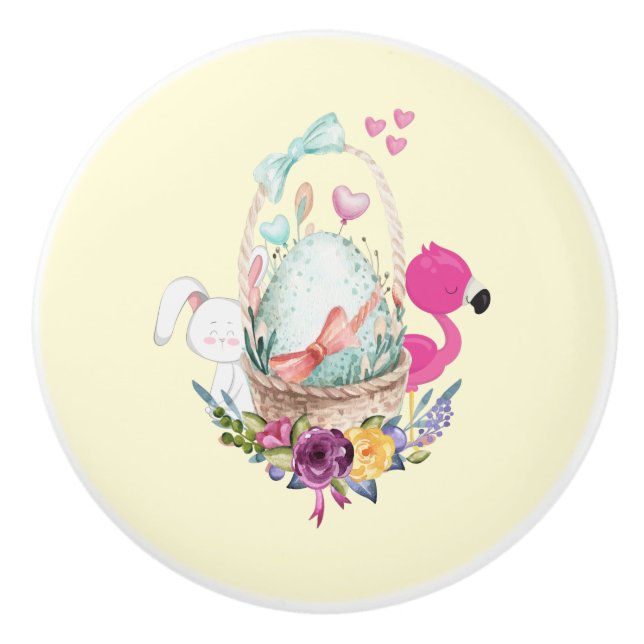 Cute Egg, Pink Flamingo & Bunny, Watercolor Ceramic Knob (Front)