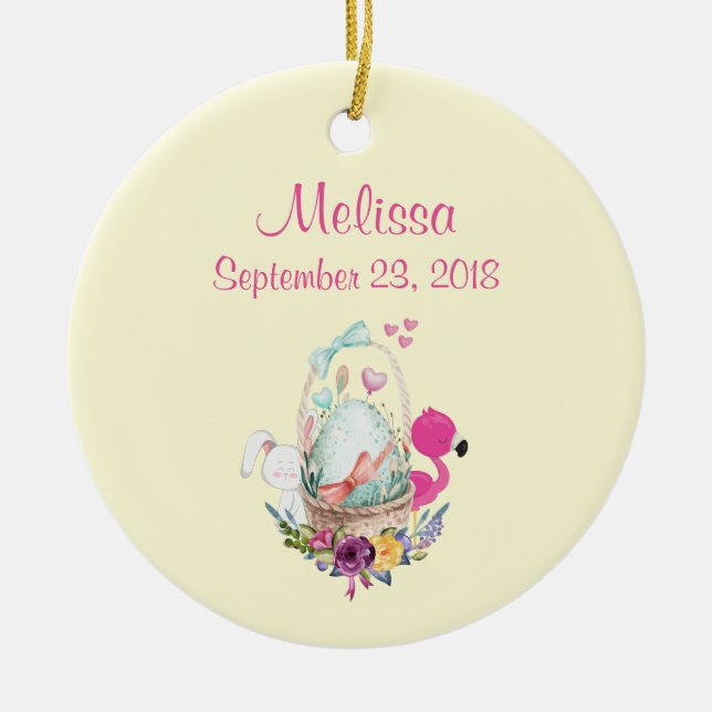 Cute Egg, Pink Flamingo & Bunny, Watercolor Ceramic Ornament (Front)