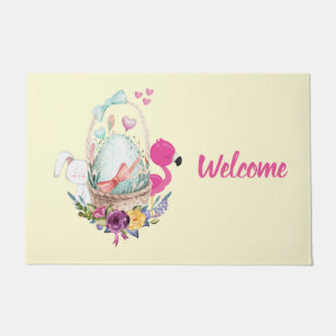 Cute Egg, Pink Flamingo & Bunny, Watercolor Doormat
