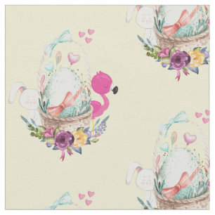 Cute Egg, Pink Flamingo & Bunny, Watercolor Fabric