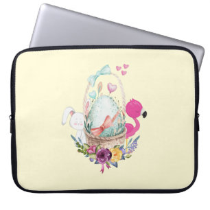 Cute Egg, Pink Flamingo & Bunny, Watercolor Laptop Sleeve