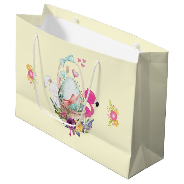 Cute Egg, Pink Flamingo & Bunny, Watercolor Large Gift Bag (Front Angled)