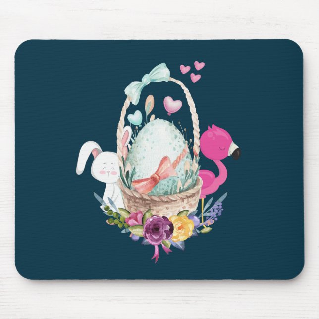 Cute Egg, Pink Flamingo & Bunny Watercolor Mouse Pad (Front)