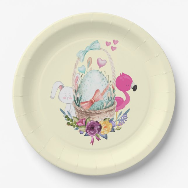 Cute Egg, Pink Flamingo & Bunny, Watercolor Paper Plate (Front)