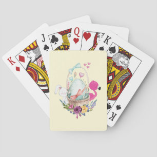 Cute Egg, Pink Flamingo & Bunny, Watercolor Playing Cards