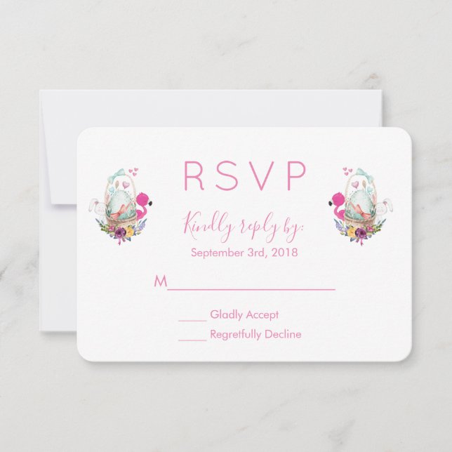 Cute Egg, Pink Flamingo & Bunny Watercolor RSVP Card (Front)