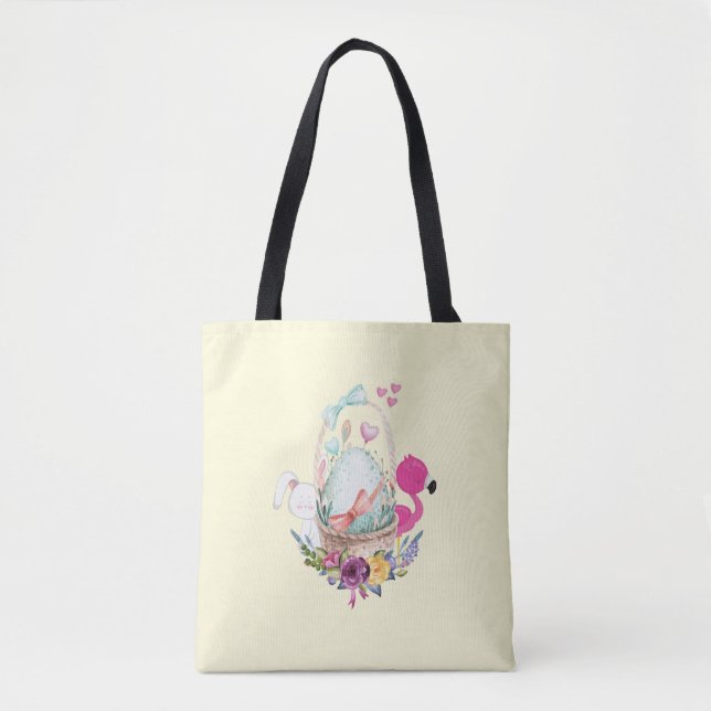 Cute Egg, Pink Flamingo & Bunny, Watercolor Tote Bag (Front)