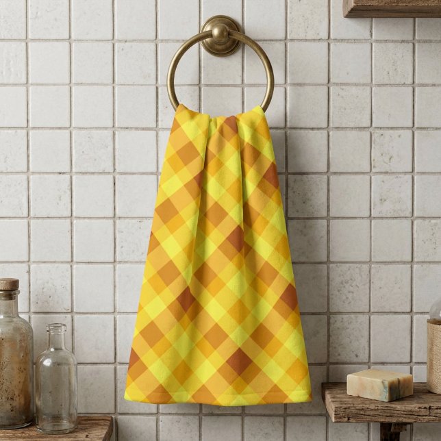 Cute Egg Yolk Yellow Plaid Hand Towel (Cute Egg Yolk Yellow Plaid Hand Towel hanging on a towel ring in rustic style bathroom.)