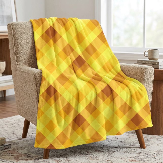 Cute Egg Yolk Yellow Plaid Medium Fleece Blanket (Cute Egg Yolk Yellow Plaid Medium Fleece Blanket draped over a chair in a living room.)