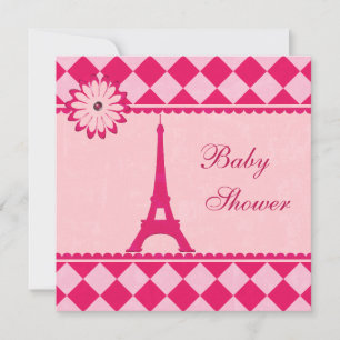 Cute Eiffel Tower Argyle Pink Baby Shower Invitation