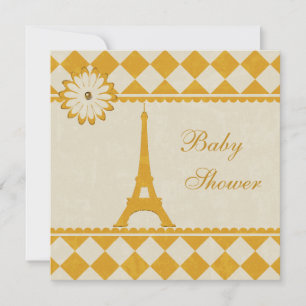 Cute Eiffel Tower Argyle Yellow Baby Shower Invitation