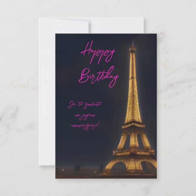 Cute Eiffel Tower Pink Script Happy Birthday  Thank You Card (Front)