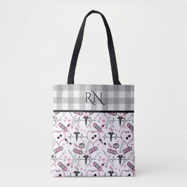 Cute EKG Nurse | Doctor Med Pattern Monogram Tote Bag (Front)
