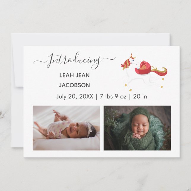 Cute Elegant Baby Photo Birth Announcement Unicorn (Front)