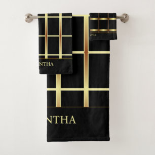 Cute Elegant Black And Gold Geometric Squares Bath Towel Set