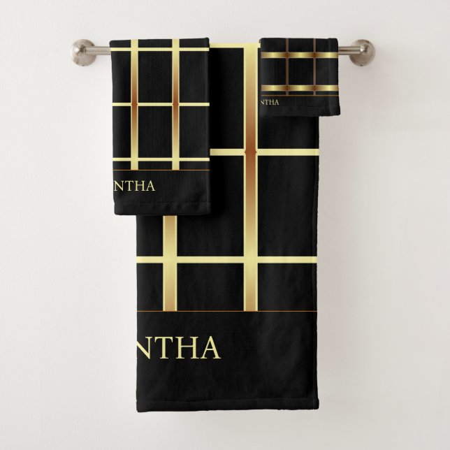 Cute Elegant Black And Gold Geometric Squares Bath Towel Set (Insitu)