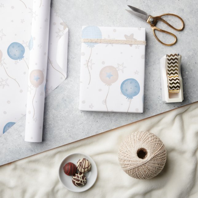 Cute Elegant Blue Ivory Balloons Boy Baby  Wrapping Paper (Crafts)