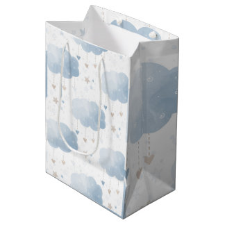 Cute Elegant Blue Ivory Clouds Stars Boy Shower Medium Gift Bag