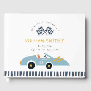 Cute Elegant Blue Race Car Kids Any Age Birthday Guest Book