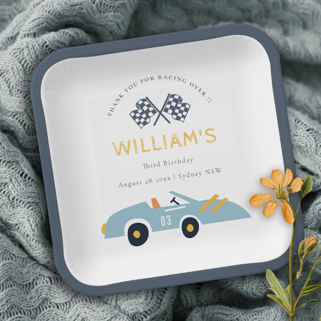 Cute Elegant Blue Race Car Kids Any Age Birthday Paper Plate (Creator Uploaded)