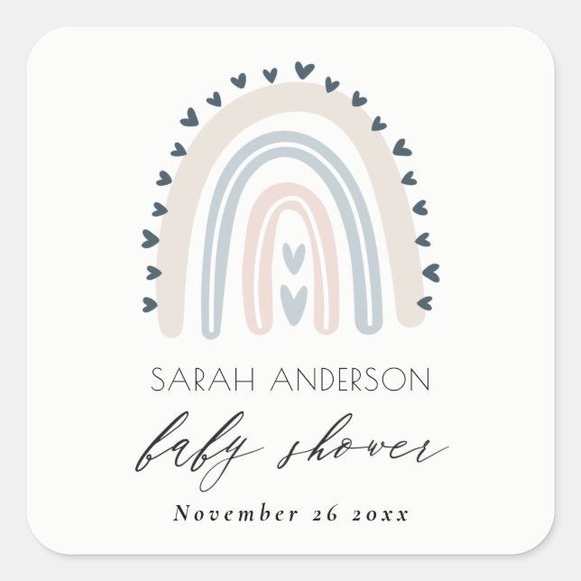 CUTE ELEGANT BLUSH BLUE HEART RAINBOW BABY SHOWER SQUARE STICKER (Front)