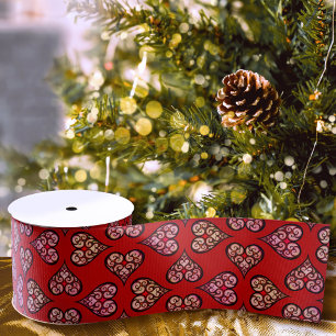 Cute & Elegant Boho Hearts Red Vintage Pattern Grosgrain Ribbon