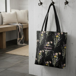 Cute Elegant Boho Wildflowers Personalized Tote Bag