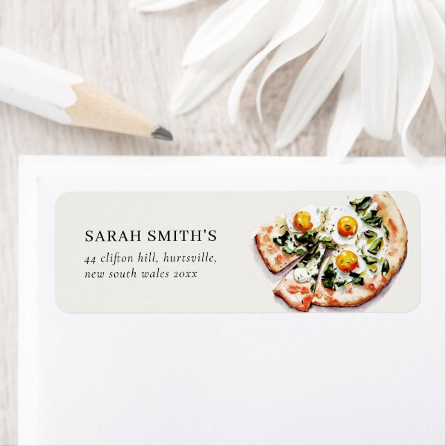 Cute Elegant Egg Basil Pizza Watercolor Address (Insitu)