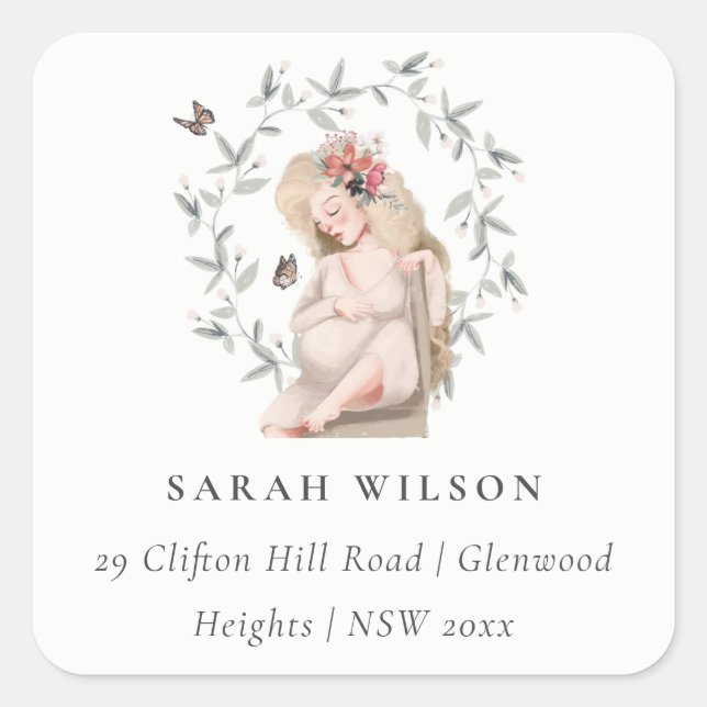 Cute Elegant Expectant Women Foliage Address Square Sticker (Front)