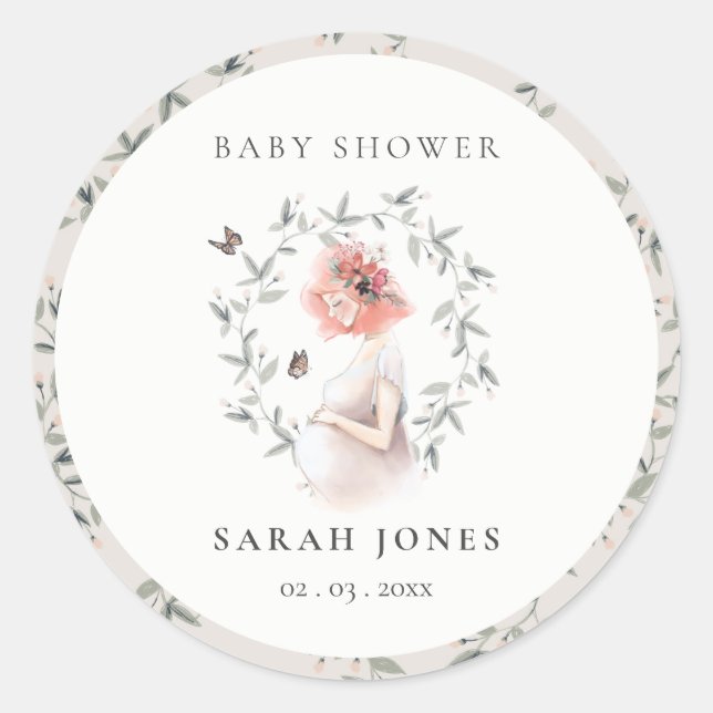 Cute Elegant Expectant Women Foliage Baby Shower Classic Round Sticker (Front)