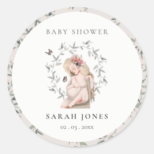 Cute Elegant Expectant Women Foliage Baby Shower  Classic Round Sticker (Front)