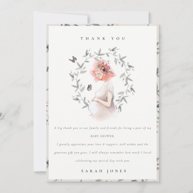 Cute Elegant Expectant Women Foliage Baby Shower Thank You Card (Front)
