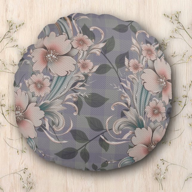 Cute Elegant Floral Gingham Pattern  Round Pillow (Creator Uploaded)
