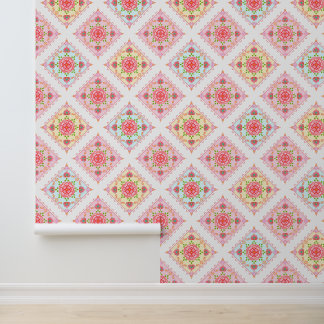 Cute Elegant Floral in Diamond Tiles Pattern Wallpaper