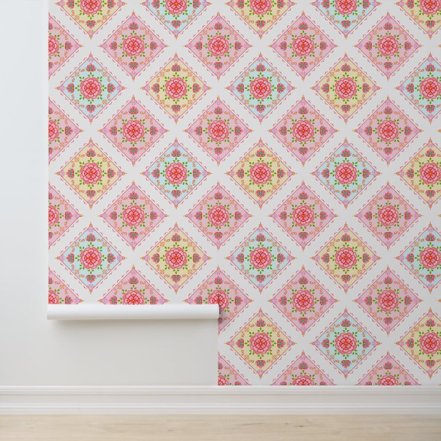 Cute Elegant Floral in Diamond Tiles Pattern  Wallpaper (Application)