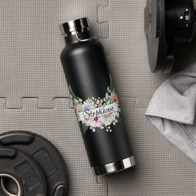 Cute Elegant Flowers and Leaves Personalized Name Water Bottle (Gym)