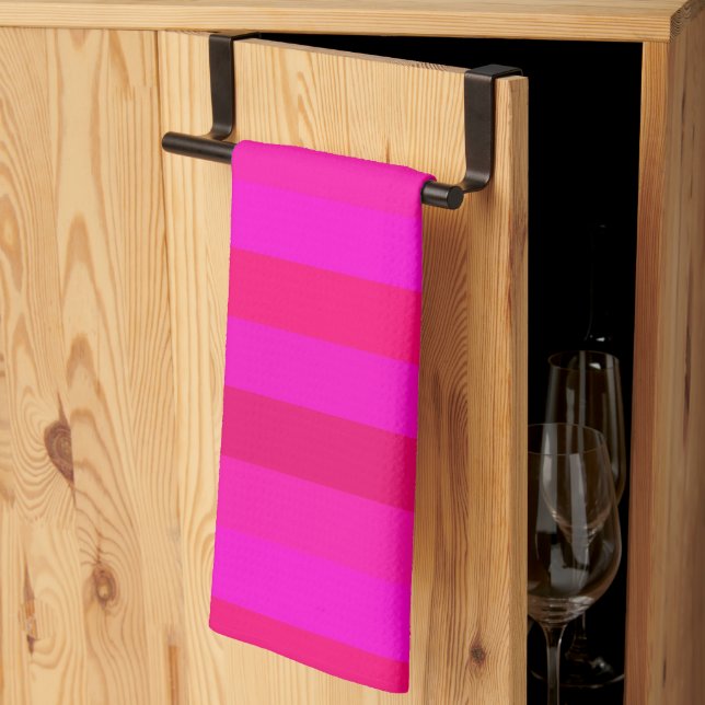 Cute, Elegant Fuchsia, Red, Shocking Pink Stripes Kitchen Towel (Thirds Fold)